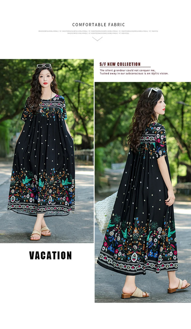 New Fashion Hot Summer Dresses For Women 2025 Casual Flower Print Floral Short Sleeve Dress Vintage Dress Loose Women Clothing