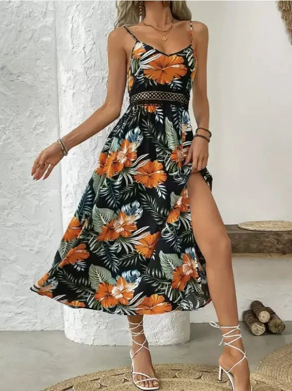 Robe Femmes V-neck Suspender Bohemian Style Fashion Printed Hem Slit Loose Dress Womens Summer New Beach Resort Style Long Skirt