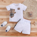 2pcs IURNXB Baby Clothes Set Infant Short Sleeve Tees+Shorts Cartoon Checked Bear Print Cute Kids Tops Pants Casual Suits 3-24M