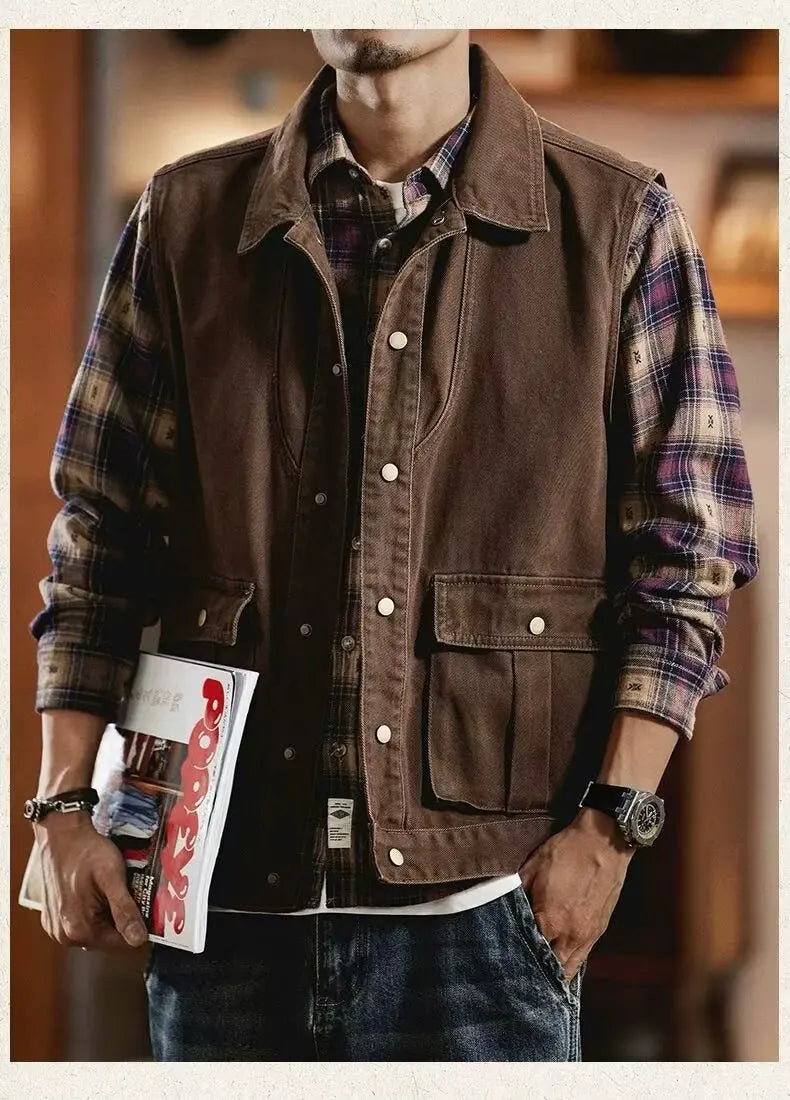 American Retro Workwear Denim Vest Men's Spring New Loose Casual Outdoor Jacket Coat Youth Urban Fashion All Seasons