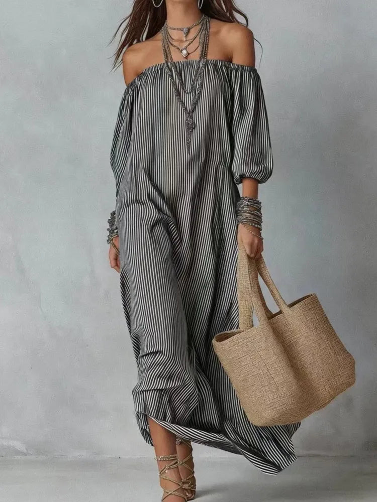 Casual Dresses New Spring Summer Elegant Striped Off-shoulder Loose Holiday Fashion Dress For Women Office Holiday Party Dress