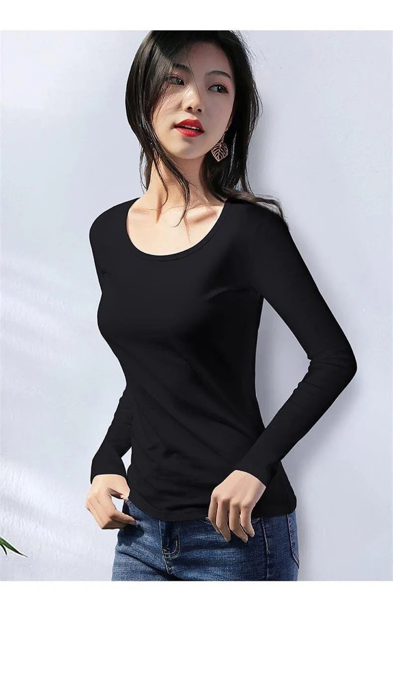 1pcs Women Velvet Thermal UnderwearT-shirt Solid Color V-Neck TShirt Winter Warm Top Female Round Neck Long Sleeve Tee Pullover