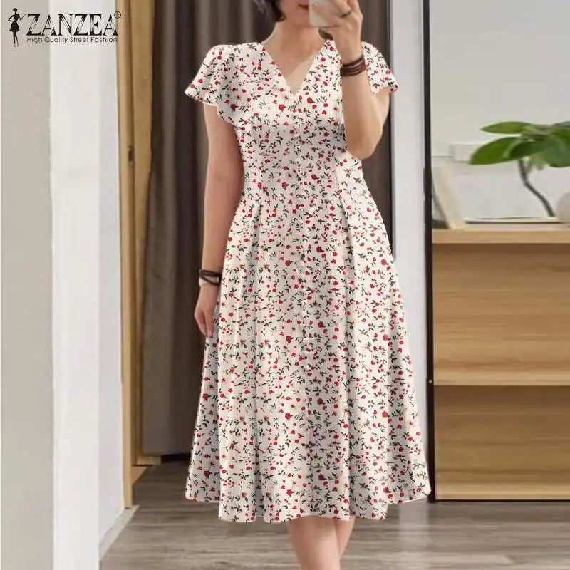 2024 ZANZEA Elegant Summer Dress Women Bohemian Sundress Robe Femme V Neck Short Sleeve Floral Printed Holiday Vestido Kaftan