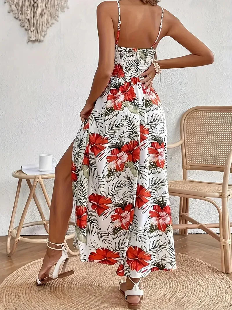 Robe Femmes V-neck Suspender Bohemian Style Fashion Printed Hem Slit Loose Dress Womens Summer New Beach Resort Style Long Skirt