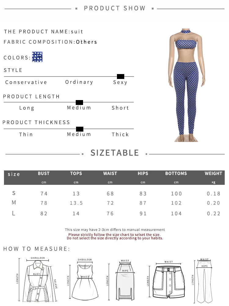 Weird Puss Hottie Polka Dot 2-Piece Set Women Halter Chest Wrapped Backless Top+Ruched Peach Hip Pants Stretch Skinny Clubwear