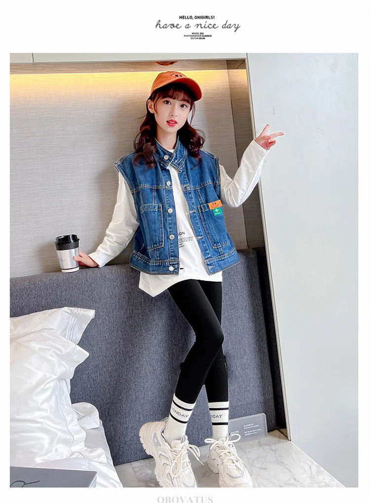 New Fashion Kids Girl Denim Vest Wasitcoat with Smile Face Outerwear Vintage Blue Children Casual Sleeveless Denim Jacket Outfit