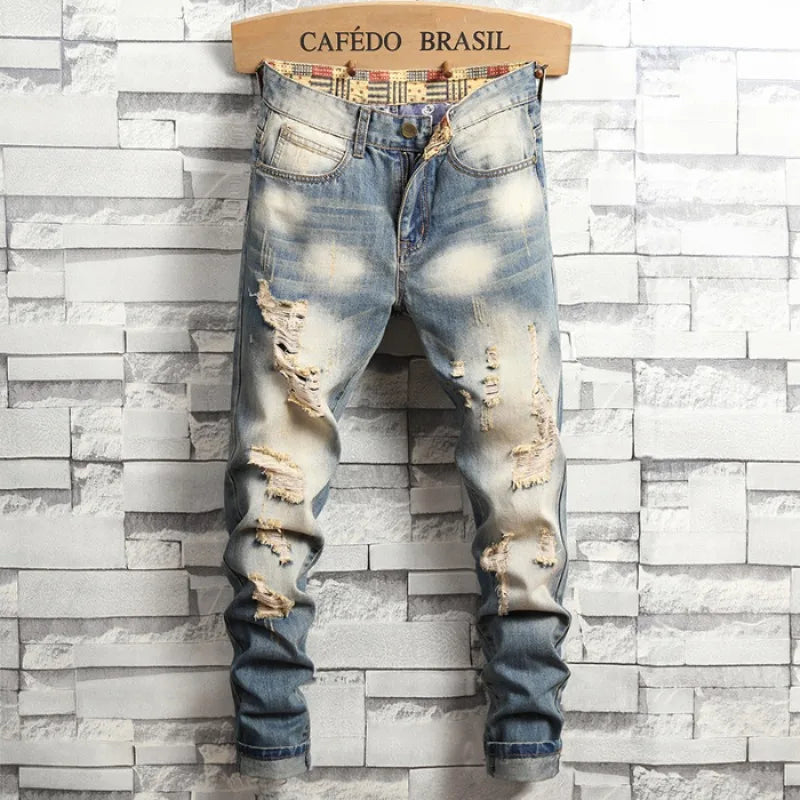 Jean homme déchiré bleu vintage – Streetwear délavé