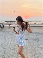 YENKYE French Style Retro Polka Dot Deep V Halter Dress Women Sexy