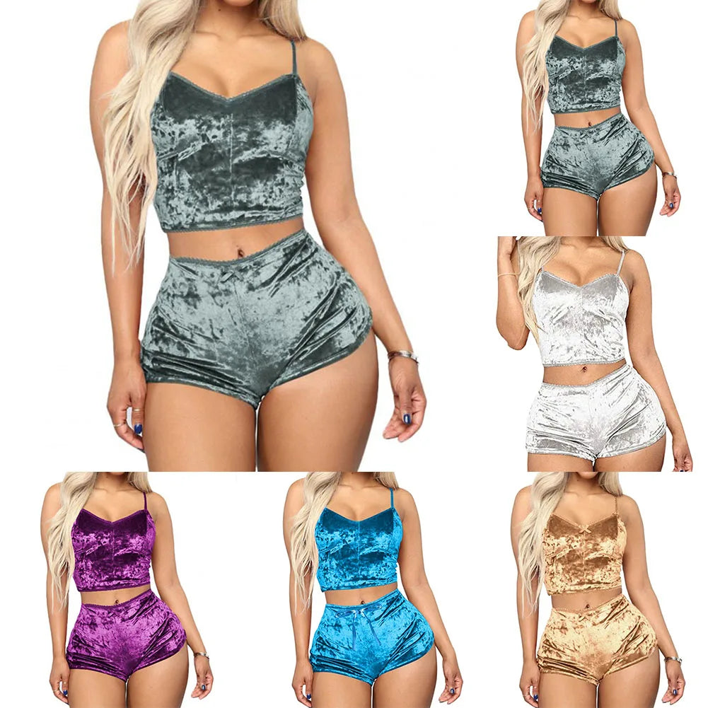 Women's Velvet Polyester Comfortable V-neck Underwear Setcamisole+shorts Pajamas Set Home Clothes Sleeveless Shorts