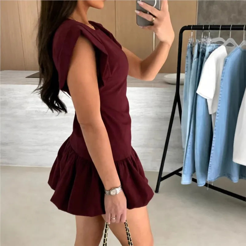 2026 Casual Dresses For Ladies A-line Dress Vestidos Simple Style Slim Ruffles Short Sleeves Solid Color All-match Simple Style