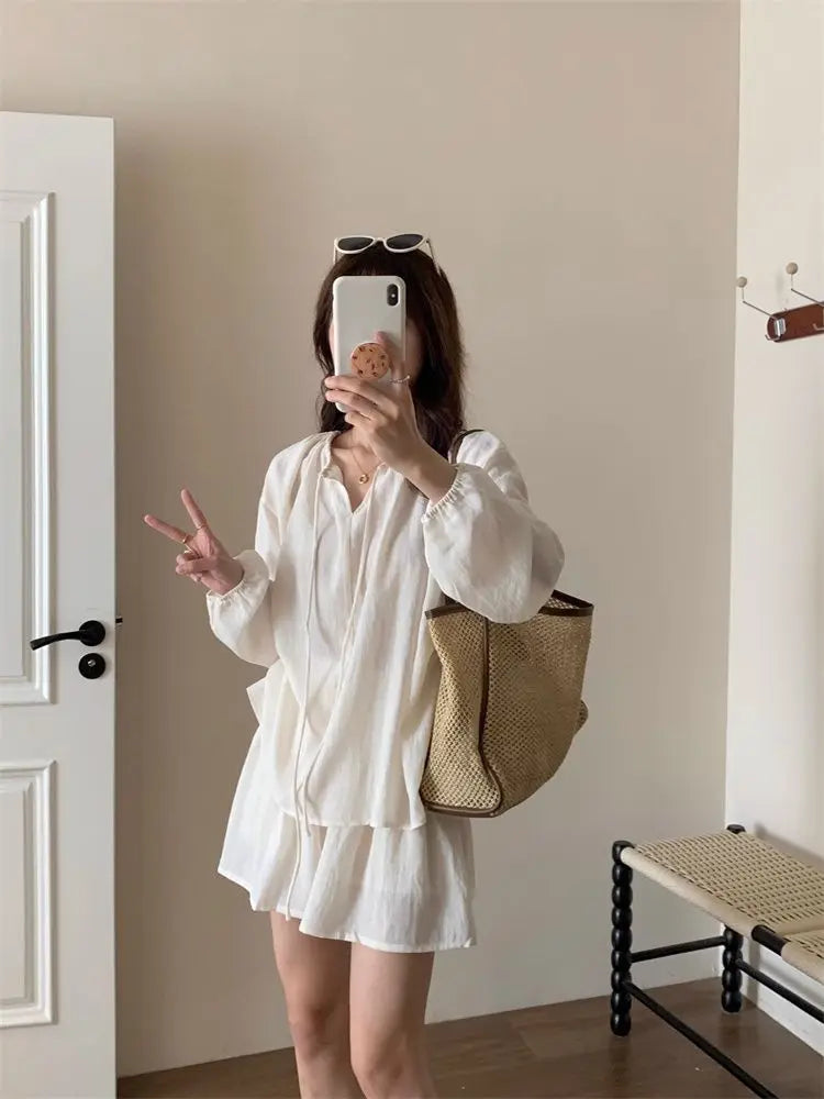 Plus-size Fashionable and Casual Women's Summer Outfit for Plus-size Loose Sunscreen Long-sleeved Top with Shorts Two-piece Set