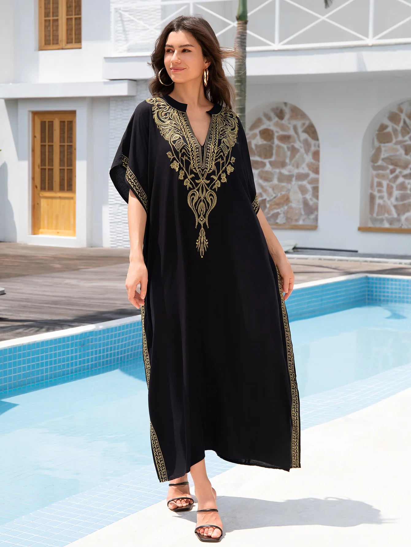 Boho Dress Women's Fashion Cotton Embroidered Beach Sun Protection Dresses For Women Loose Robe Bikini Swimsuit Outer Blouse