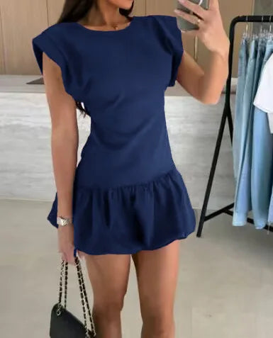 2026 Casual Dresses For Ladies A-line Dress Vestidos Simple Style Slim Ruffles Short Sleeves Solid Color All-match Simple Style