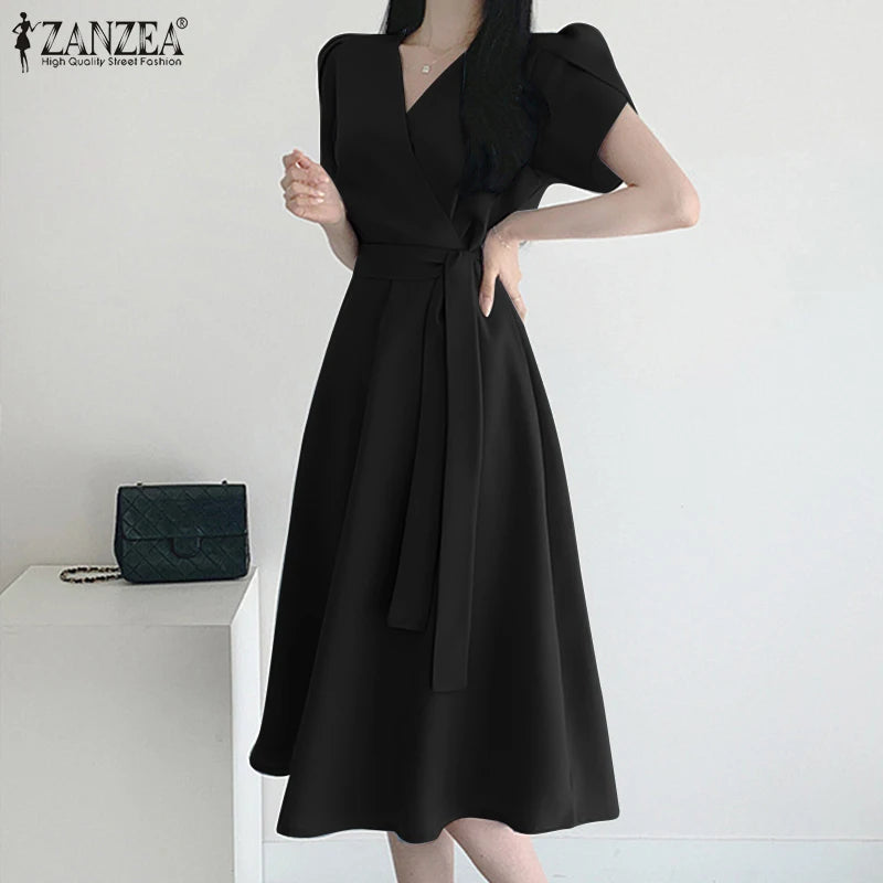 Women Fashion OL Work Sundress ZANZEA Elegant Summer Short Sleeve Dress Casual Solid A Line Vestido Kaftan Sarafans Robe Femme