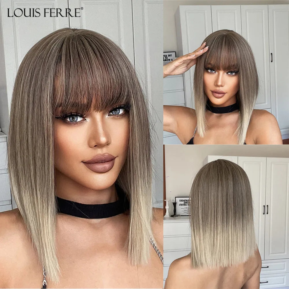 LOUIS FERRE Short Blonde Highlight Brown Bobo Wigs For Women Daily Cosplay Natural Straight Wig High Temperature Synthetic Wigs