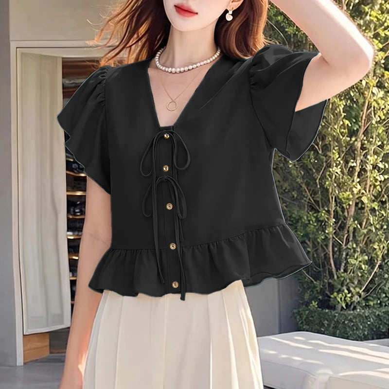 ZANZEA Summer Women Tops 2026 Elegant V Neck Short Sleeve Work Shirt Femme Casual Lace -Up Blusas Stylish Ruffled Holiday Blouse