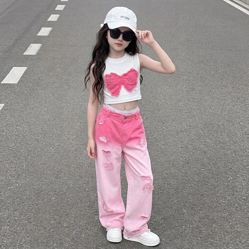 Teenage Girls Clothing Sets Hot Deals Bow Crop Top+Hole Wide Leg Jeans with Butterfly 2Pcs Fashion Gradient Child Clothes Suits