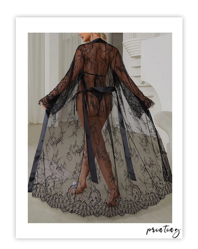 Women's Sheer Lace Robe Sexy See Through Nightgown with Jacquard Lace Floral Trim Satin Lounge Dress for Kimono Robe Home Wear
