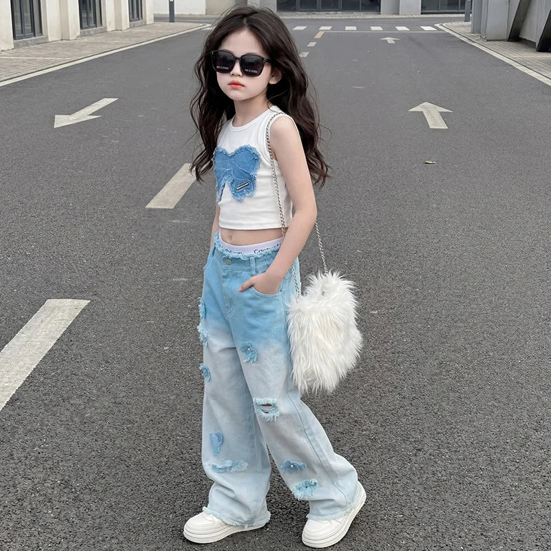 Teenage Girls Clothing Sets Hot Deals Bow Crop Top+Hole Wide Leg Jeans with Butterfly 2Pcs Fashion Gradient Child Clothes Suits