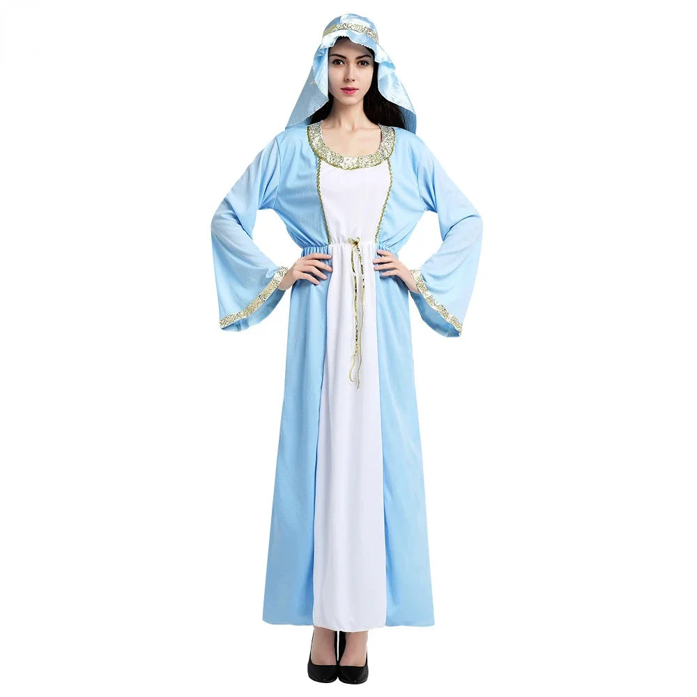 Women Men's Chief Arab Girl Arabian Costume Blue White Robe Halloween Cosplay Carnival Fancy Dressed Up