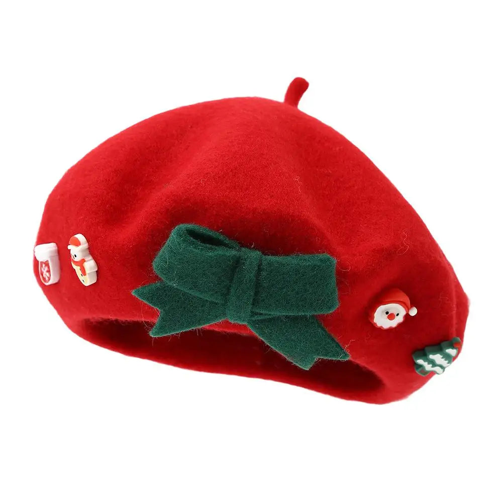 Fashion Christmas Beret Hat Red Green Sweet Christmas Beret Hat Wool Felt Dress Up Xmas Painter Hat New Year Gifts