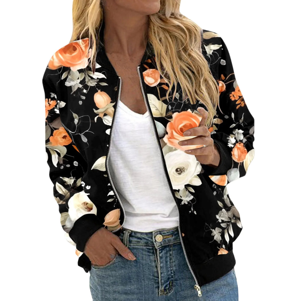 Veste Bomber Femme Imprimé Floral – Courte Zipée Casual Automne Hiver