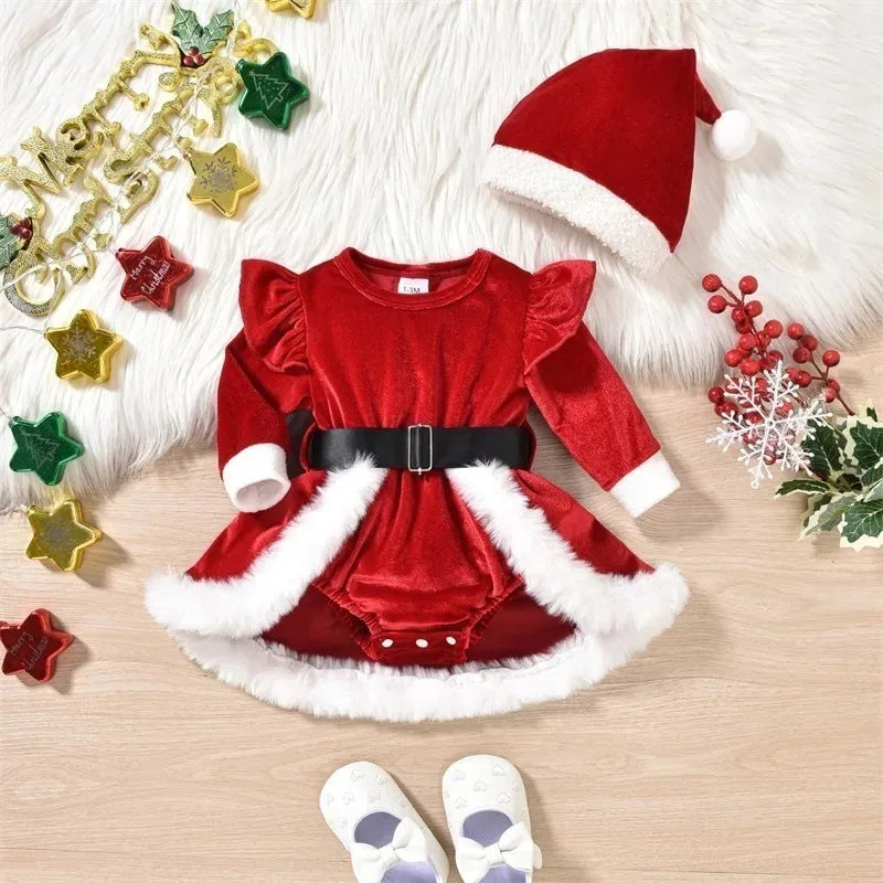 Baby Girl's Christmas Velvet Dress with PP shorts & Hat Set ,Pom pom Trim baby girl clothes,크리스마스 아기의상 ,vestido bebê menina luxo
