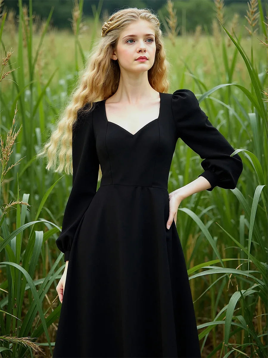 Women'S Dress Autumn Woman Long Sleeve Square Collar Elegant Beautiful Feminine Pretty Sweet Lovely Cute Fancy Exquisite Simple