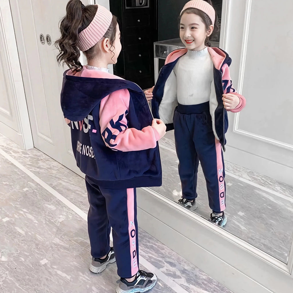 Kids Velvet Tracksuits,Cotton Jogging Suits,2-Piece Hooded Long Sleeve Sweatshirt + Pants Set,Girls Jacket,Casual Sports Wear
