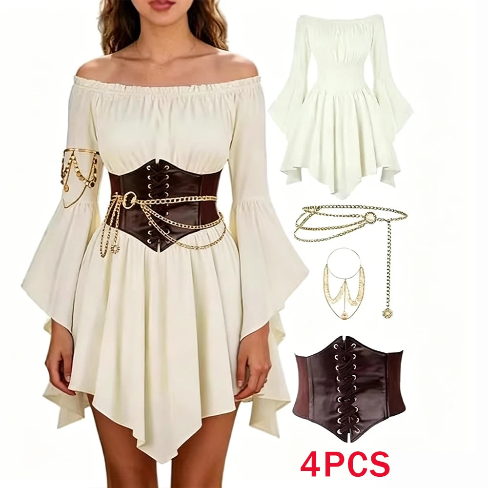 Women's Dress Vintage European-Style Off-The-Shoulder Bell-Sleeve Medieval Renaissance Court-Style Dresses Halloween Costume