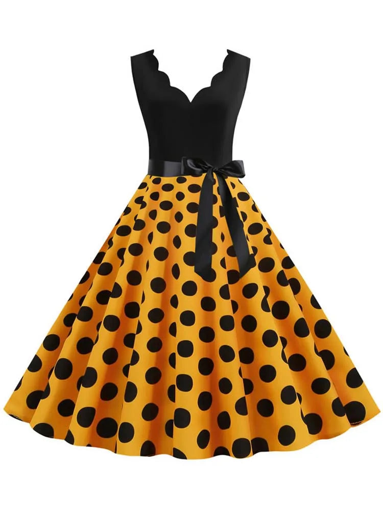 Women Dot Print Dress Summer Sexy V-neck Sleeveless Elegant Vintgae Party Dress Vestidos  S~3XL Robe Femme