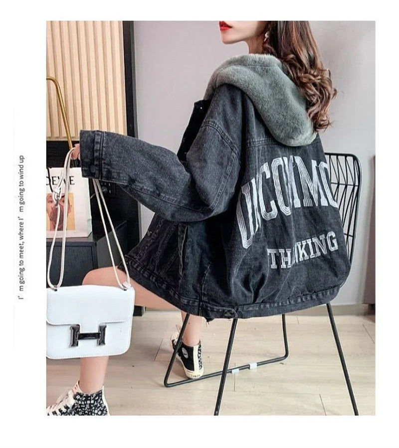 Plus Velvet Thickening 2022 Winter Denim Jacket Women's Hooded Embroidery Loose Warm Cotton Clothes Cotton Clothes Ins Tide W228