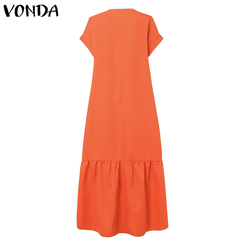 Plus Size VONDA Women Bohemian Dress 2025 Summer Sundress Solid Color Casual Short Sleeve Party Ruffled Vestidos V-Neck Robe