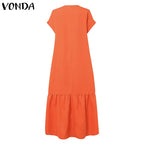 Plus Size VONDA Women Bohemian Dress 2025 Summer Sundress Solid Color Casual Short Sleeve Party Ruffled Vestidos V-Neck Robe
