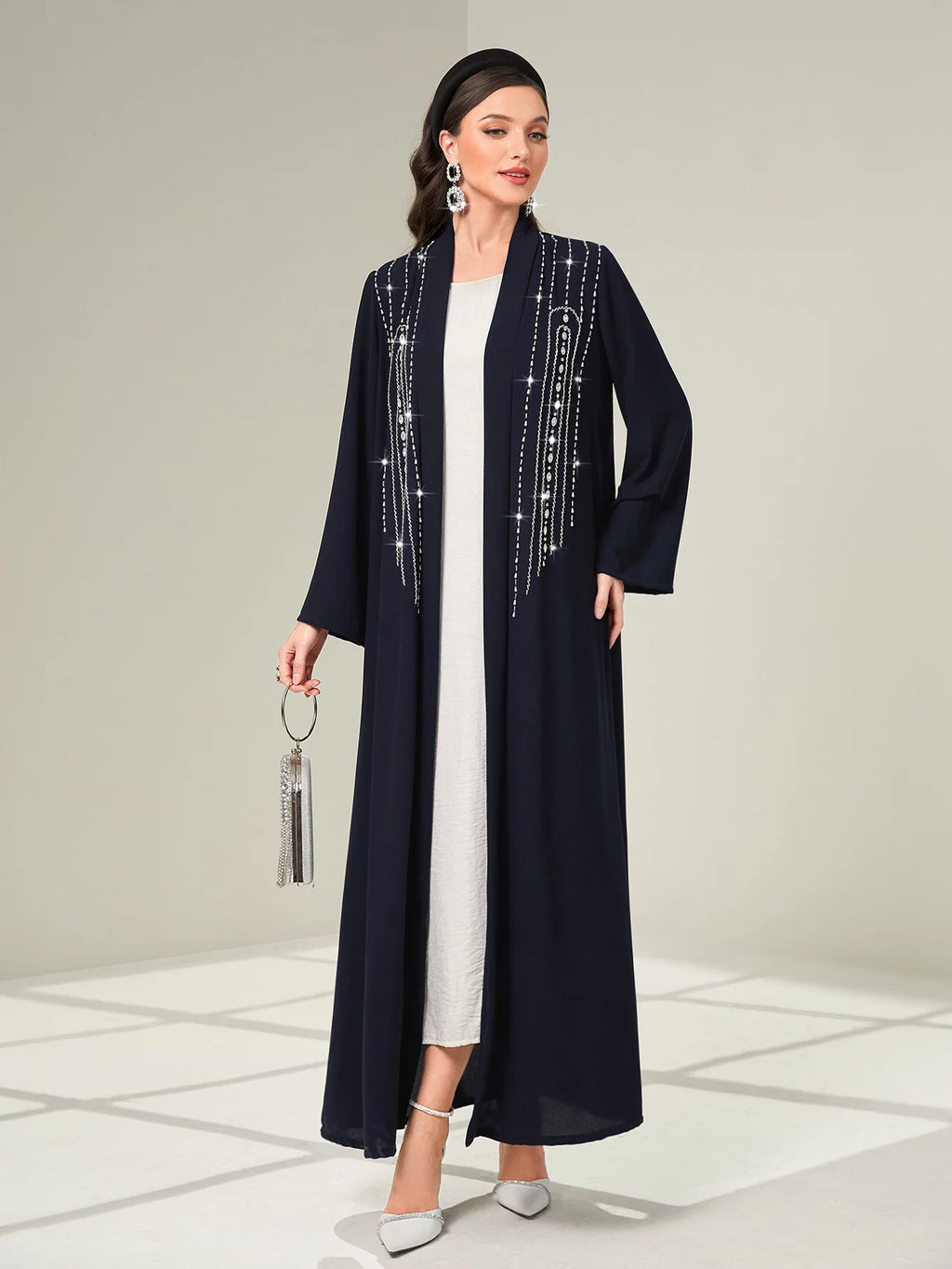 Abaya Cardigan Femme – Robe Longue Musulmane Soirée Éïd Détail Diamant
