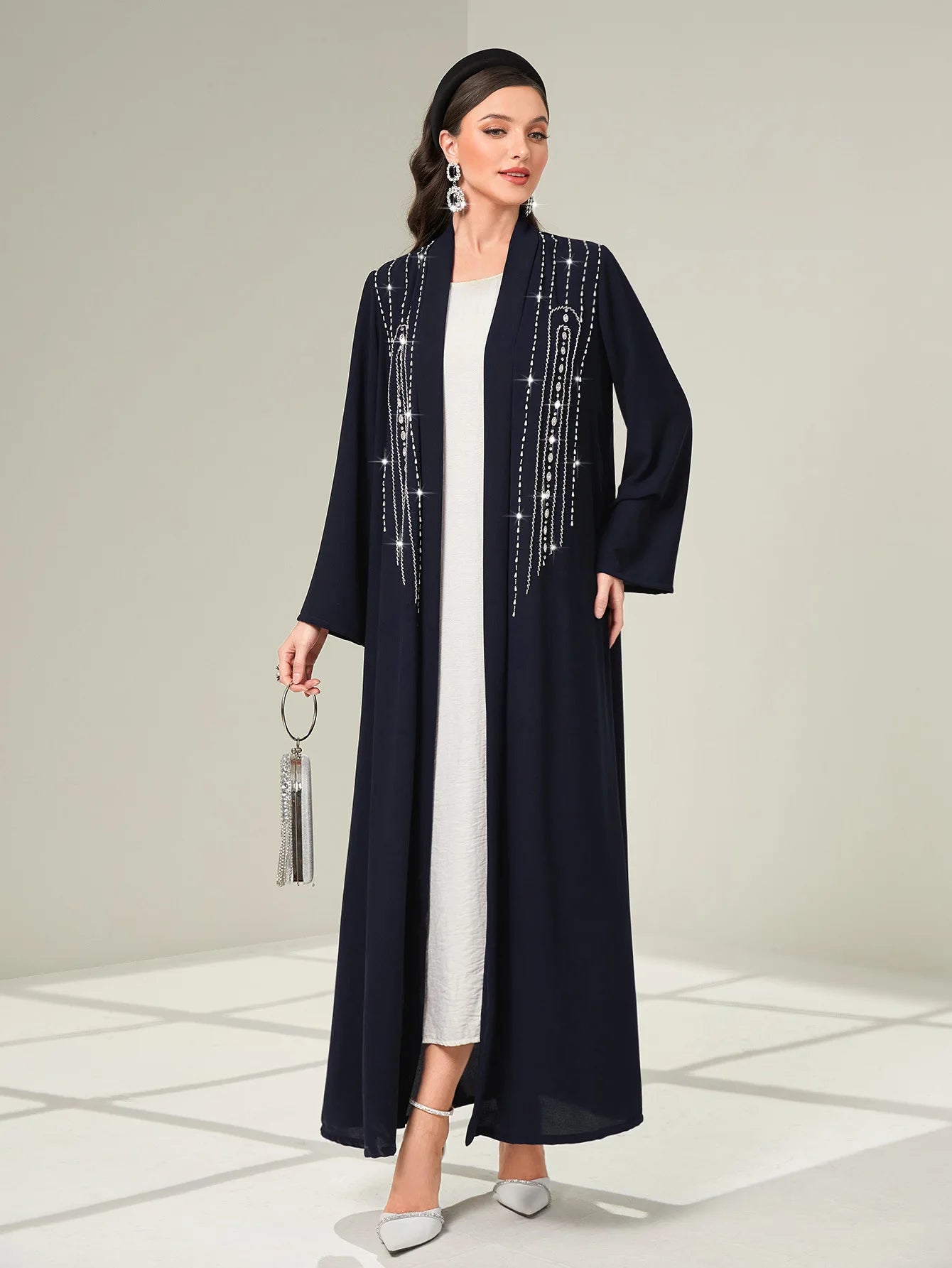 Abaya Cardigan Femme – Robe Longue Musulmane Soirée Éïd Détail Diamant