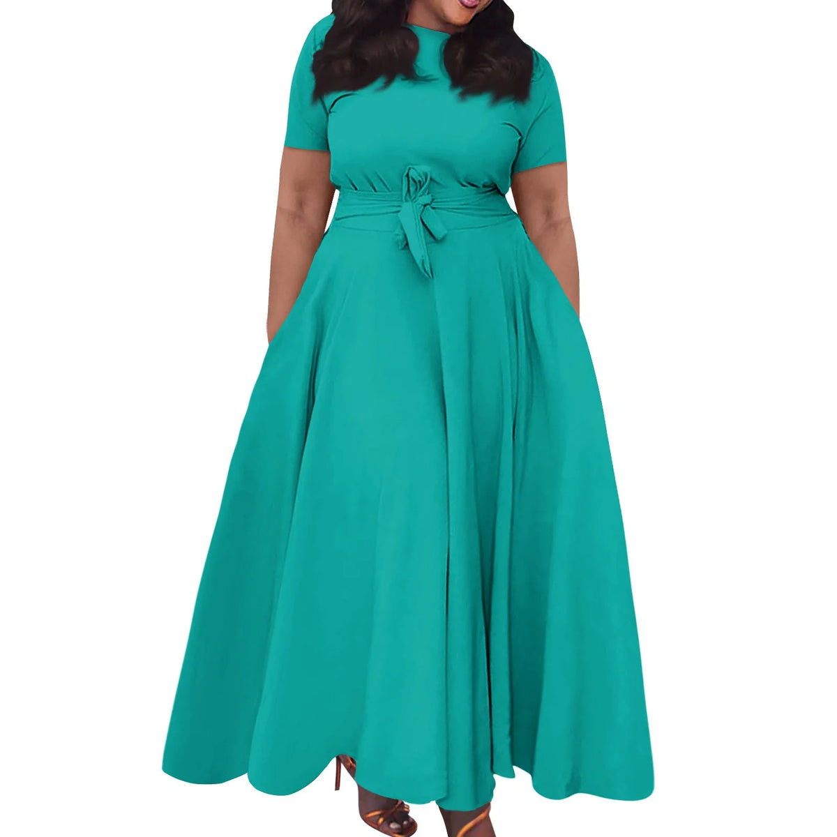 dress for women Casual Fashion Large Size sexy long dresses Solid Color Round Neck dress Short Sleeve Pocket Straps Swing elbise