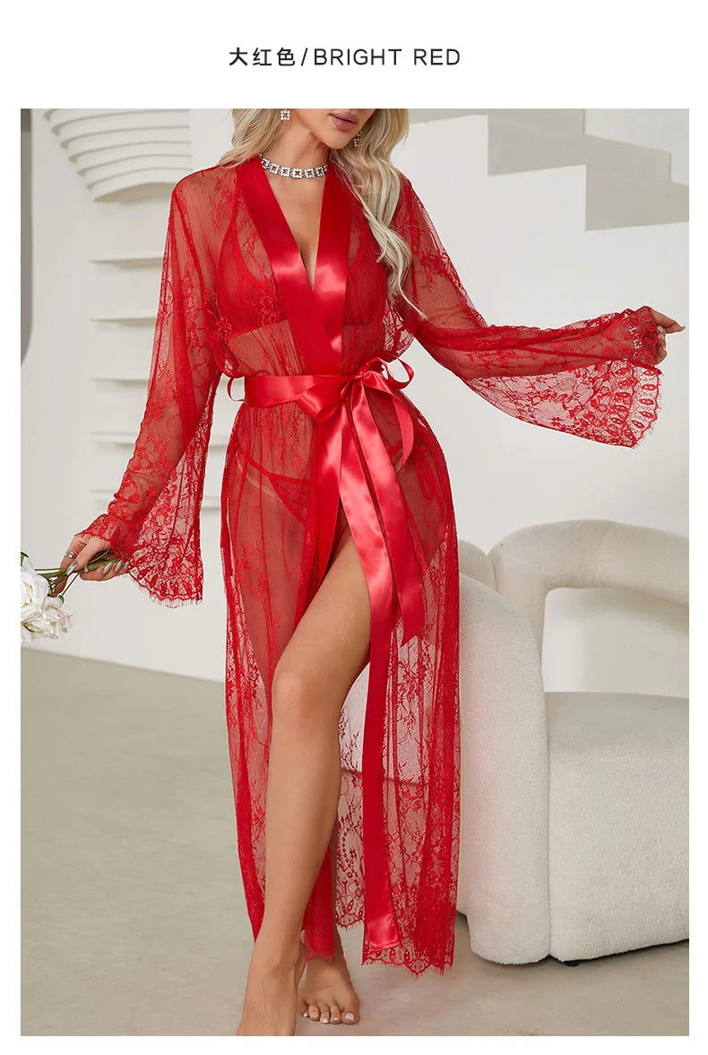Women's Sheer Lace Robe Sexy See Through Nightgown with Jacquard Lace Floral Trim Satin Lounge Dress for Kimono Robe Home Wear