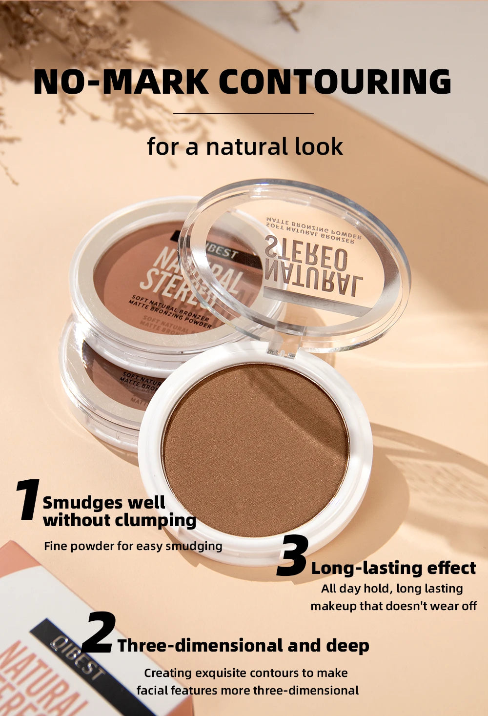 QIBEST Single Color Bronzer Contour Palette Face Shading Grooming Powder Lasting Matte Nose Shadow Highlight Blush Face Makeup