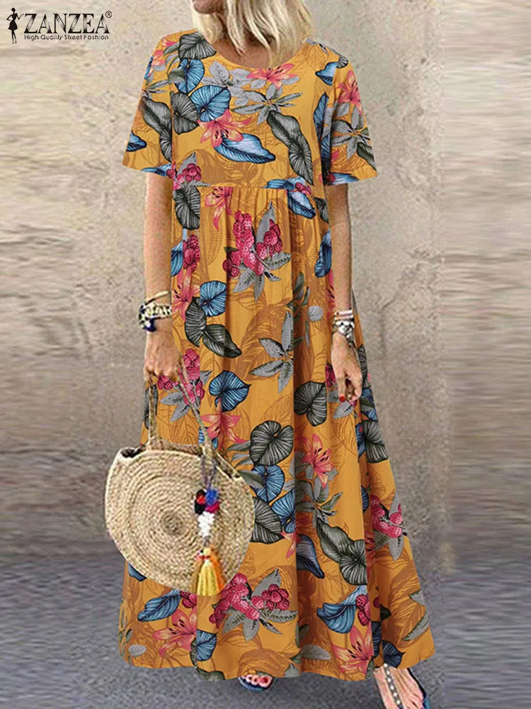 2025 ZANZEA Bohemian Holiday Sundress Summer Women Vintage Floral Printed Short Sleeve Beach Dress Loose Long Vestido Robe Femme