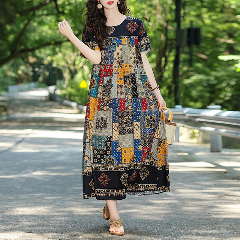New Fashion Hot Summer Dresses For Women 2025 Casual Flower Print Floral Short Sleeve Dress Vintage Dress Loose Women Clothing