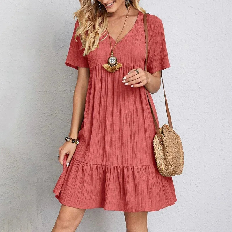 Plus Size Loose A-line Short Sleeve Pleated Women Dress V-neck Solid Color Beach Dresses Elegant Simple Oversize Comfort Clothes