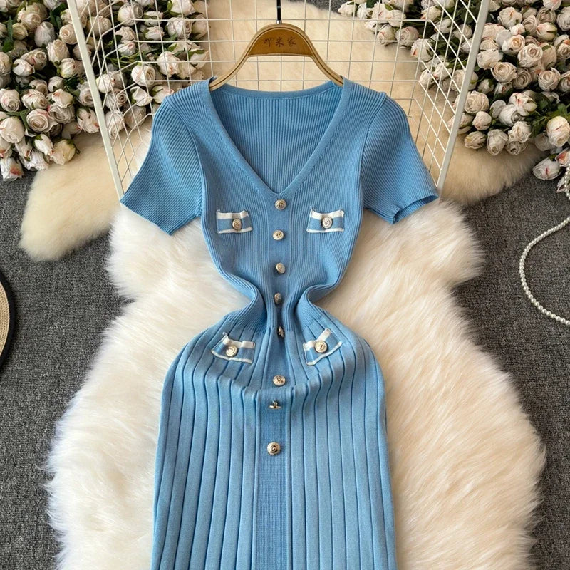 Elegant Knitted Long Dress Women Summer V Neck Single Breatsed Short Sleelve Bodycon Dresses Fashion Party Office Lady Vestidos