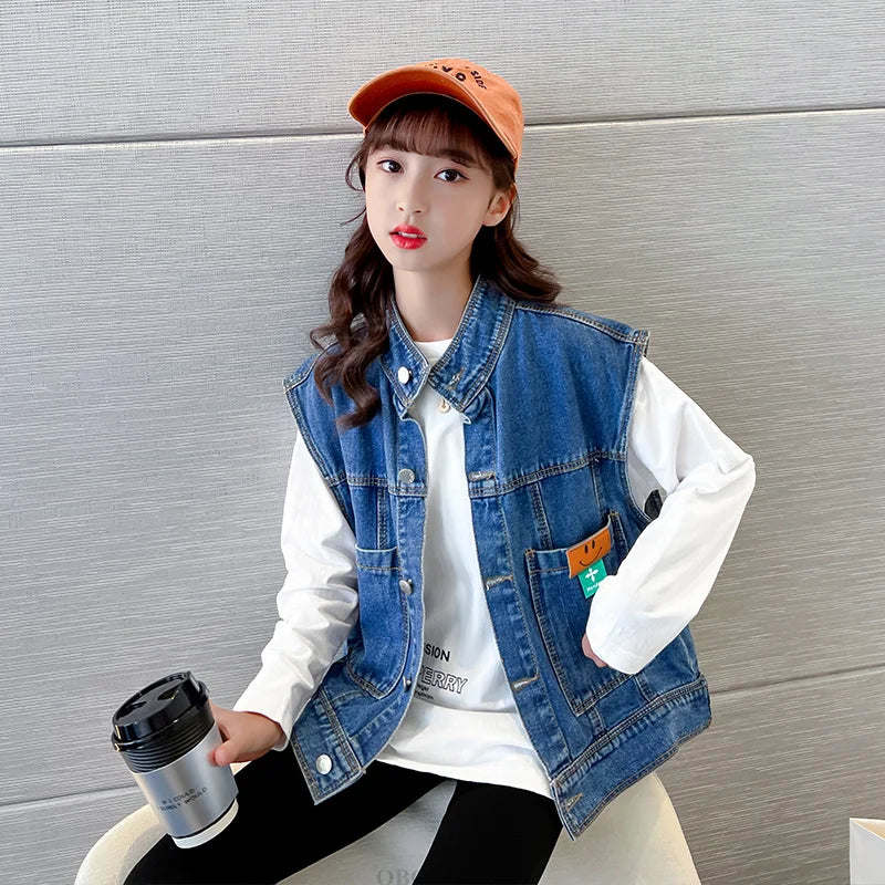 New Fashion Kids Girl Denim Vest Wasitcoat with Smile Face Outerwear Vintage Blue Children Casual Sleeveless Denim Jacket Outfit