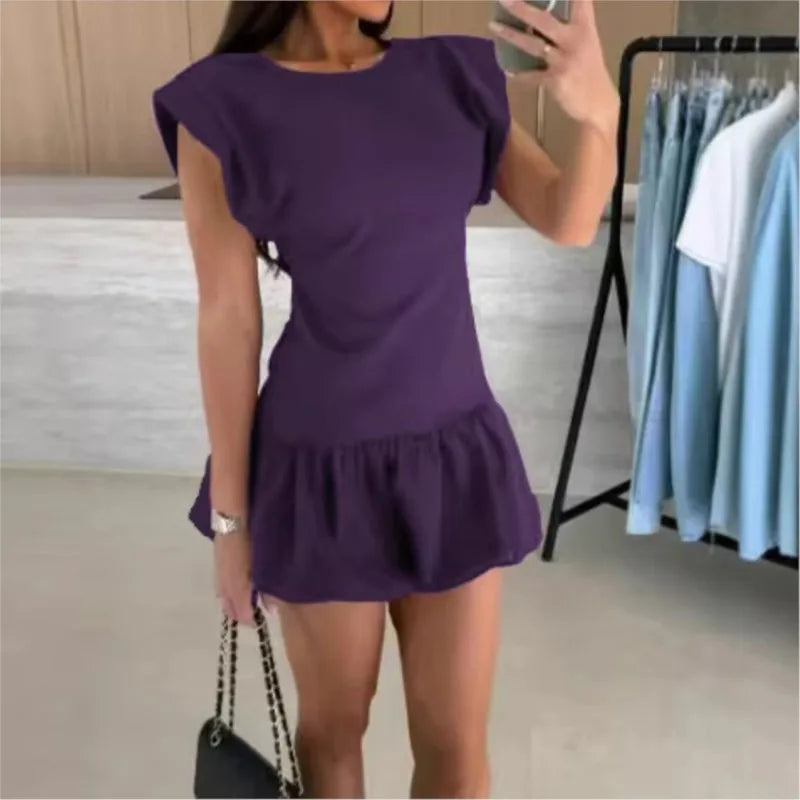 2026 Casual Dresses For Ladies A-line Dress Vestidos Simple Style Slim Ruffles Short Sleeves Solid Color All-match Simple Style
