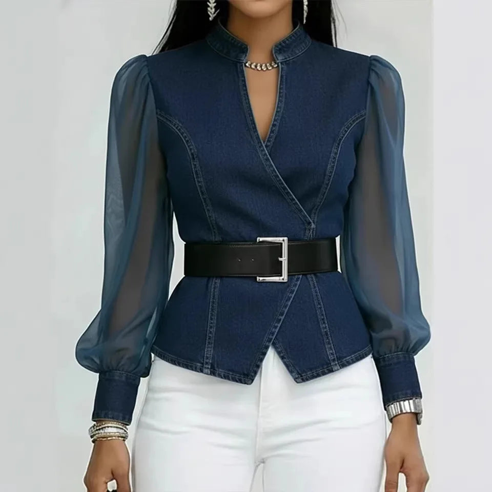 2026 New Women's Denim Express Summer and Autumn New V-Neck Lace Long Sleeve Top