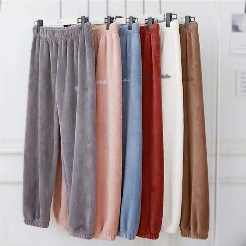 Winter Plush Pajama Pants for Women Soft Fleece Lined Thermal Lounge Wear Warm Elastic Waist Sleep Pants Cozy Home Clothing