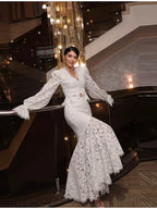 Elegant Solid Lace Ruffles Maxi Skirt Set Women Vintage Single Breasted Flared Sleeve V-neck Slim Blouse Suit Lady Party Outfits