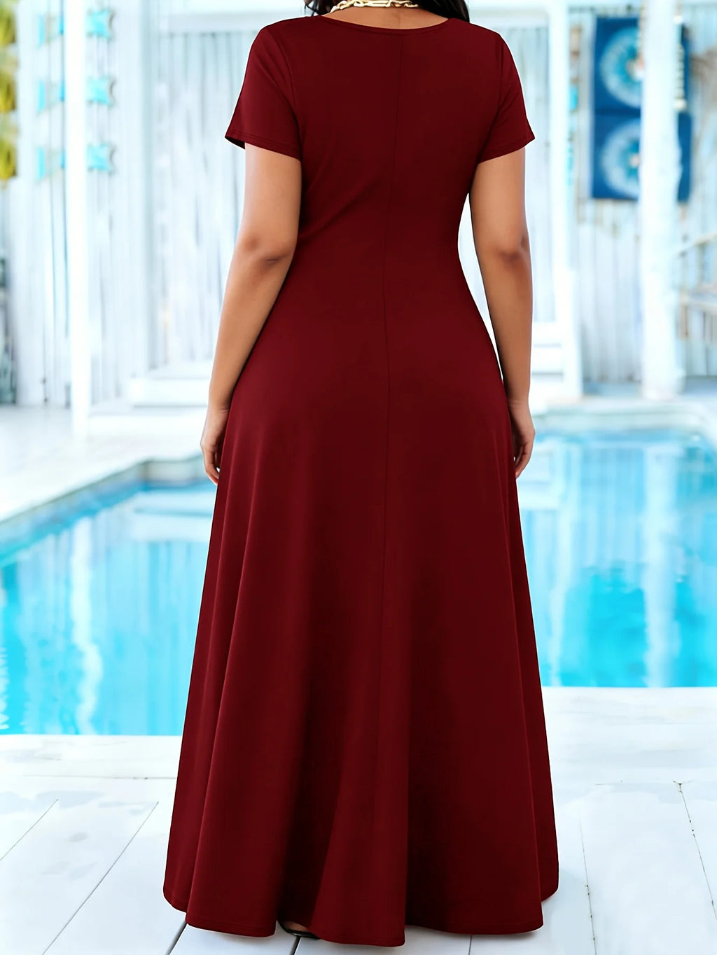 Plus Size Women's Solid Black Maxi Dress Summer Casual Short Sleeve Crew Neck A Line Flowy Long Dress With Pocket Beach dresses
