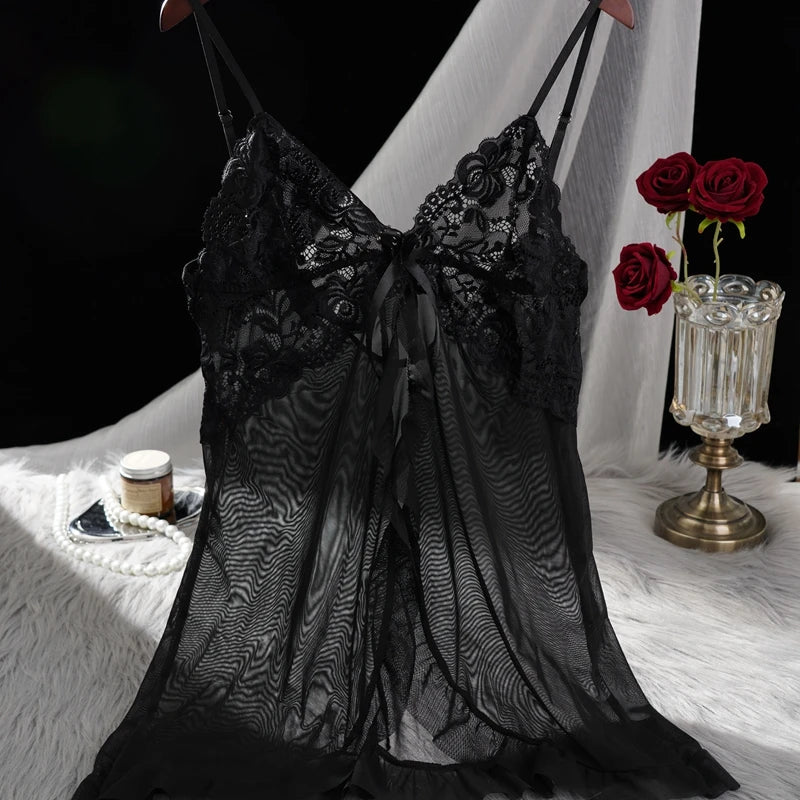 Women Lace Mesh Nightgown Set V Neck Ruffle Hem Slip Dress With Thong Sexy Bow Decor Ladies Sleepwear Lingerie
